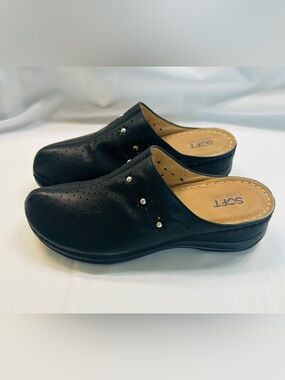 Soft Comfort Black Slip-On Mules with Perforated Upper. New Without Box